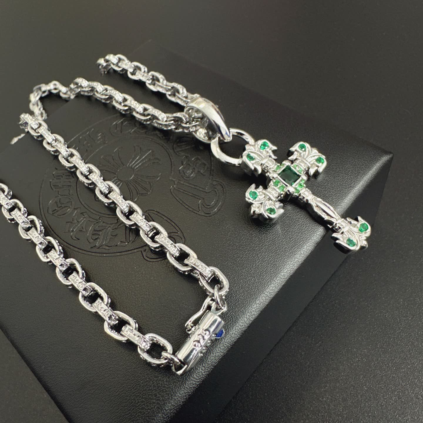 Chrome Hearts Silver Cross Pendant with Emerald Accents